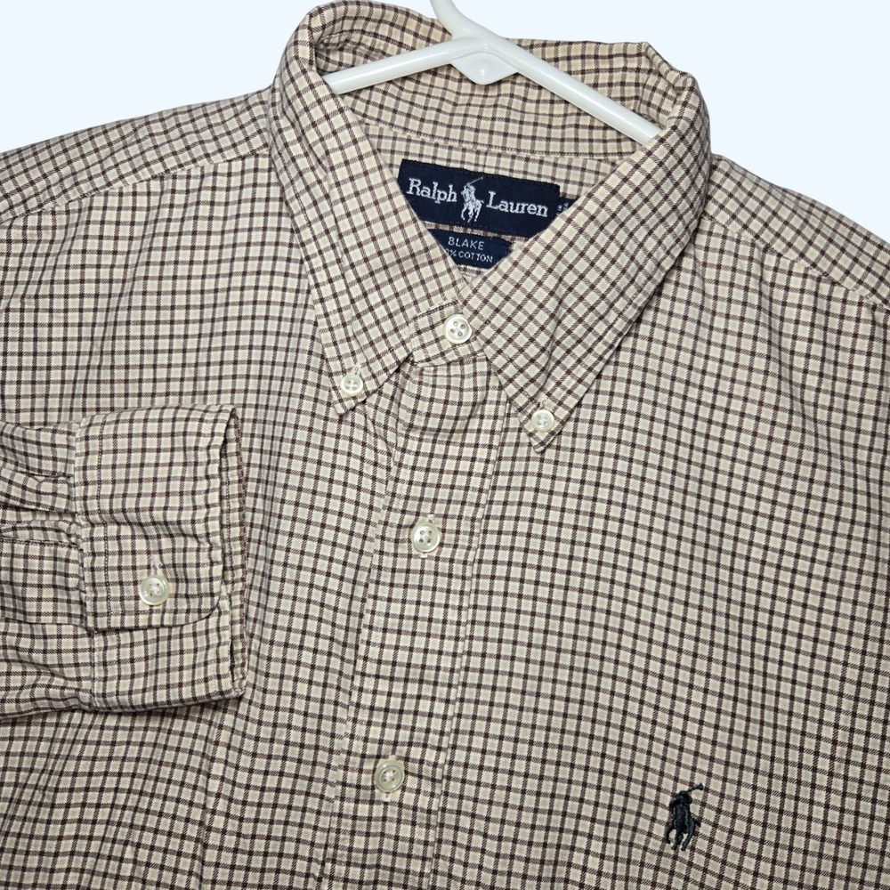 Ralph Lauren Blake Shirt Mens Large Tan Brown Check Plaid Cotton Button Down L